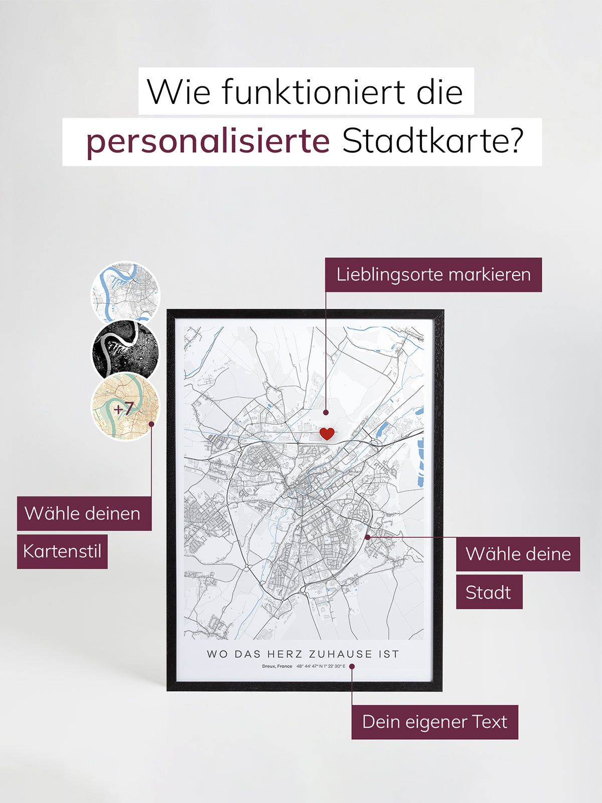 Anleitung personalisierte Stadtkarte – individuelles Stadtposter mit wählbarem Kartenstil, markierten Lieblingsorten, eigener Stadt und persönlichem Text