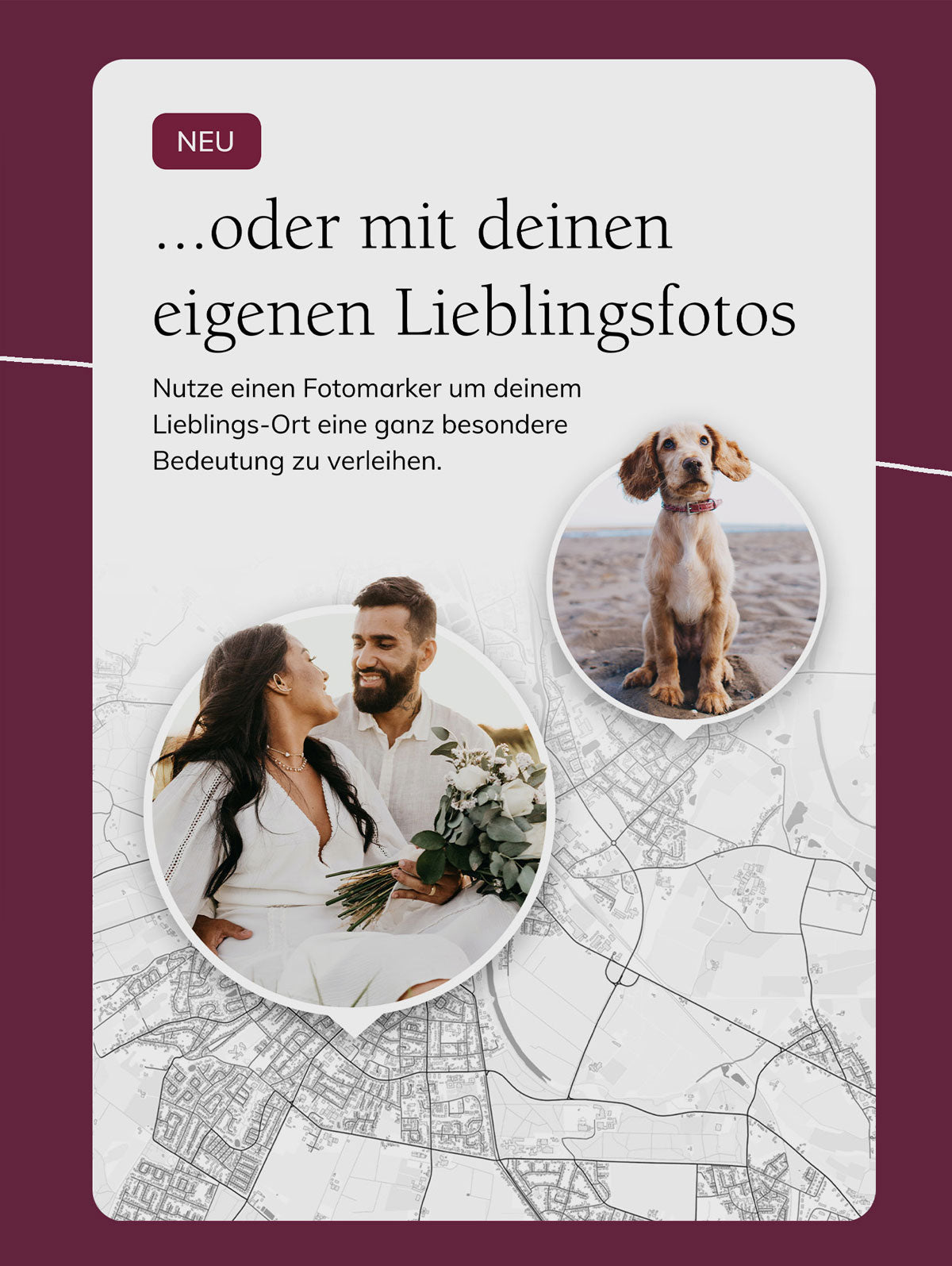 Stadtkarte mit individuellem Fotomarker – personalisiertes Geschenk mit eigenen Fotos für Hochzeit, Haustier oder besondere Momente